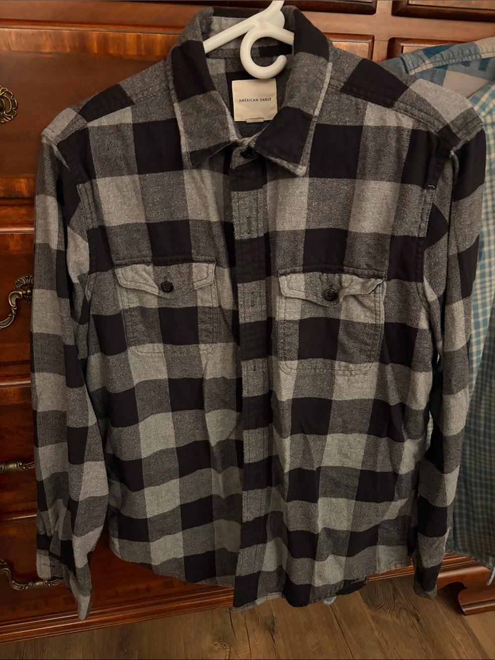 American Eagle Outfitters Black and Gray Plaid Button-Down Shirt
